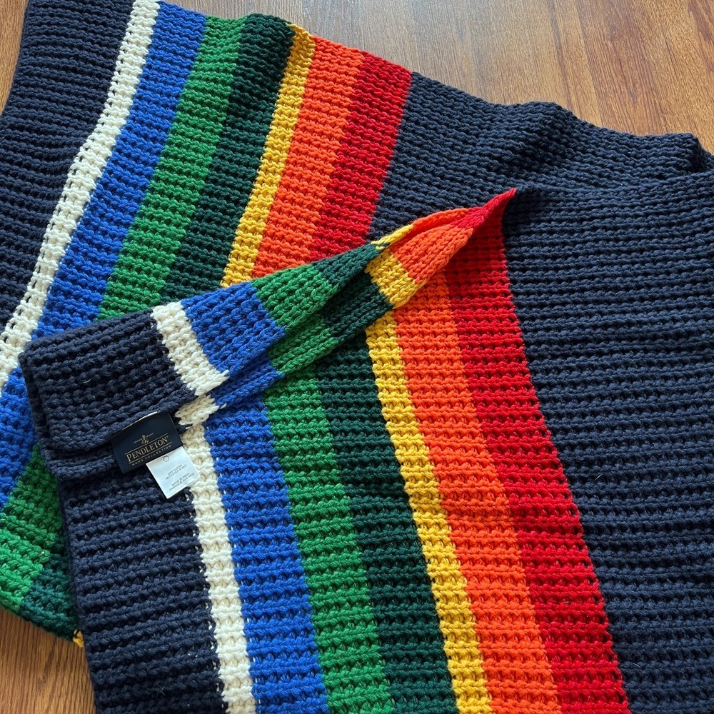 Pendleton Blanket  Throw 62"x50" Cotton + Wool Home Collection Navy Rainbow